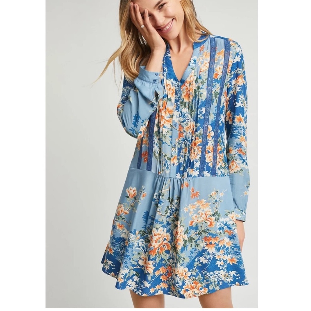Anthropologie Blue Floral Long Sleeve Dress by Tiny